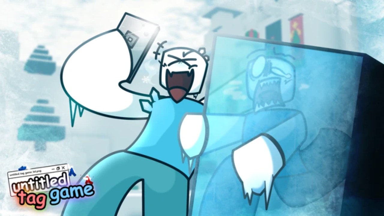 Freeze-tag selfie in untitled tag game: a freezer poses with a frozen runner on a snowy map