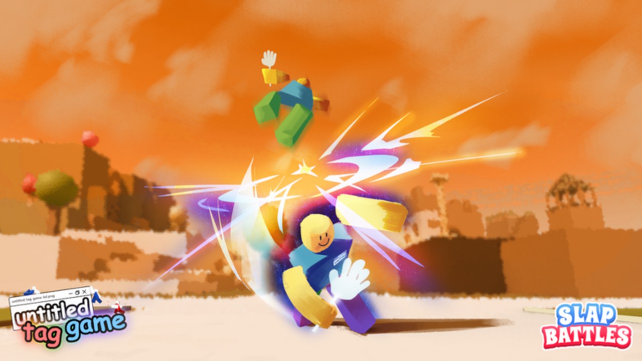 Slap Battles collab chase in untitled tag game: a runner gets tagged mid-air on a desert map